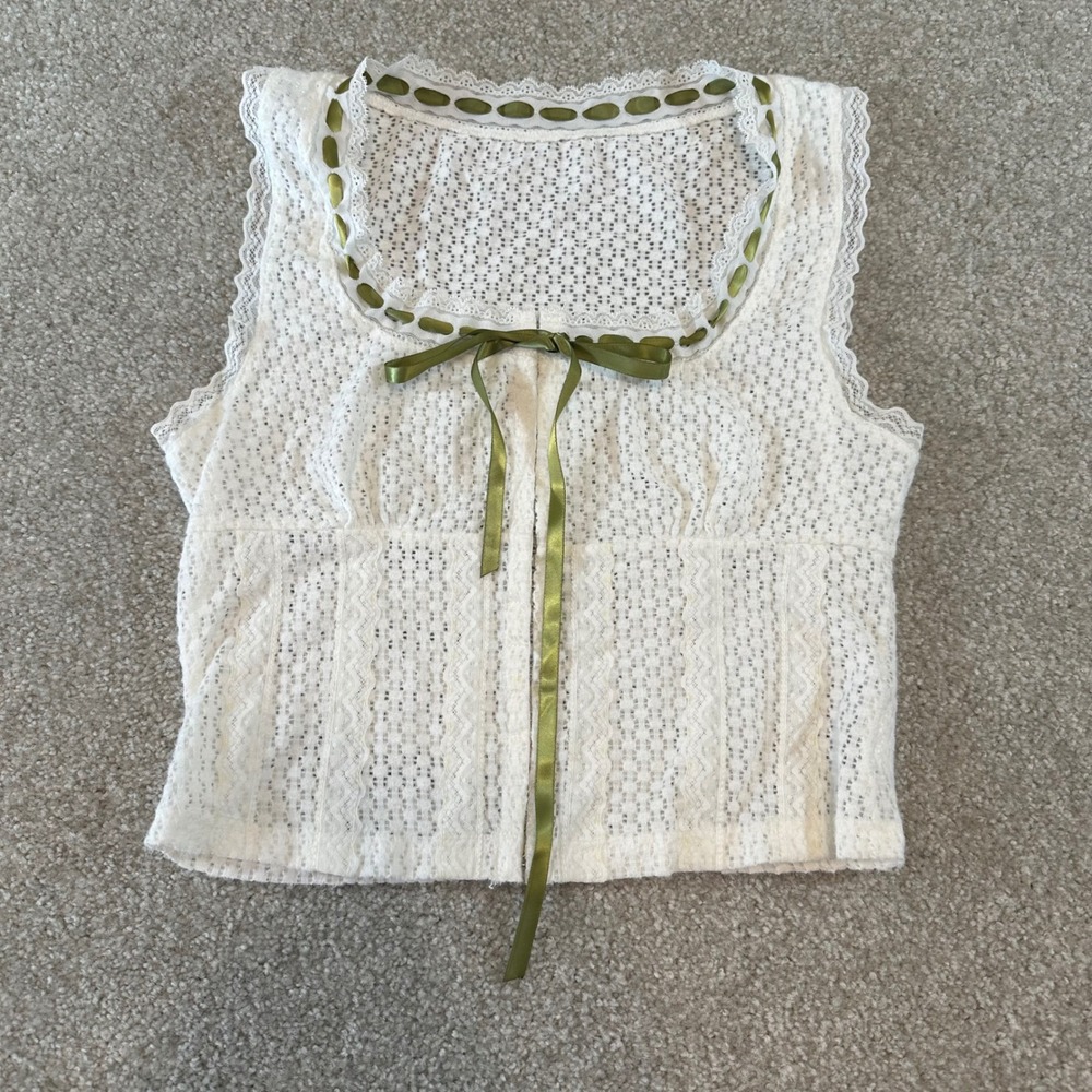 White Lace Crop Top Green Ribbon Bow Coquette Cottagecore Sleeveless Large - Picture 2 of 7